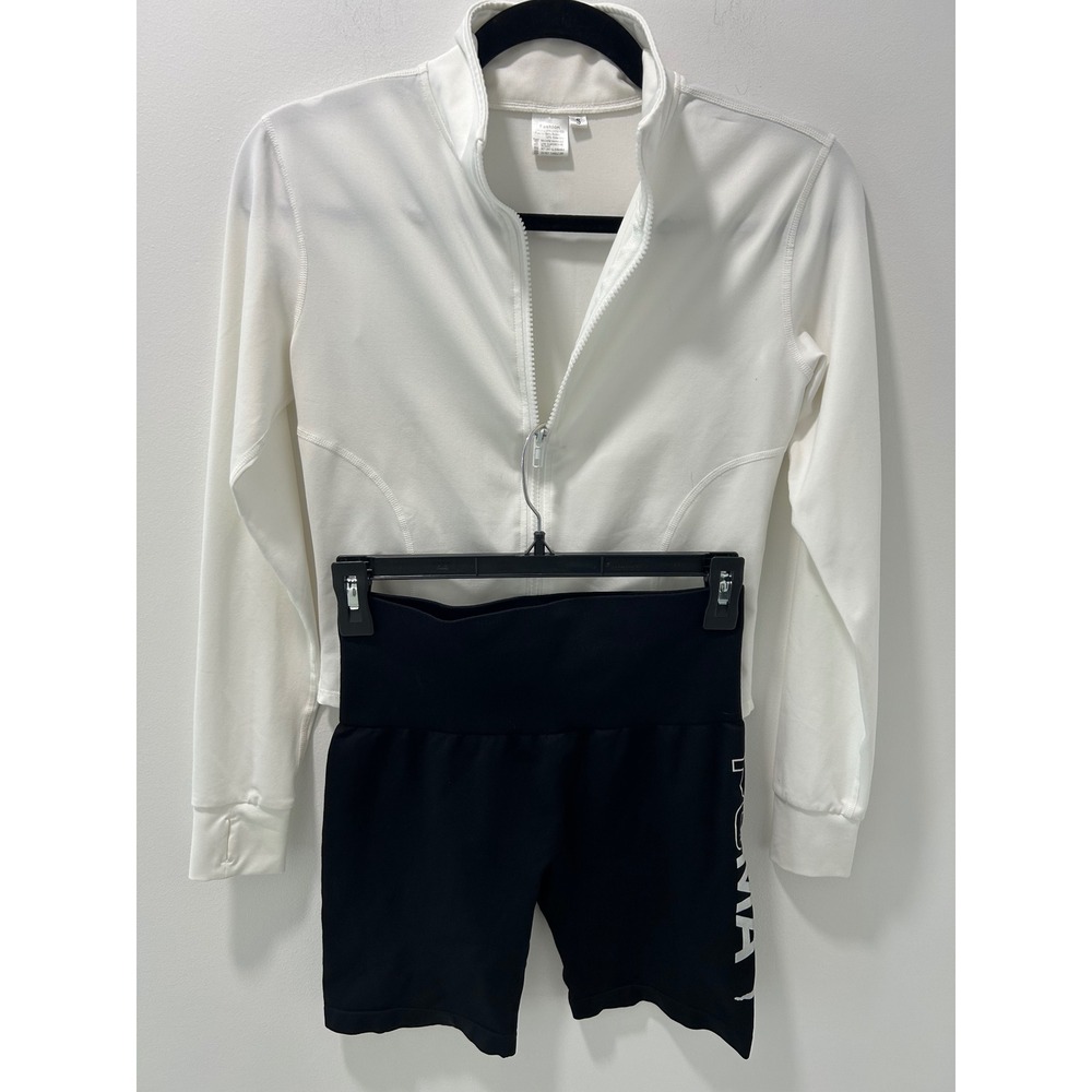 Puma Womens Activewear Set White Zip Up Jacket Black Biker Shorts S M